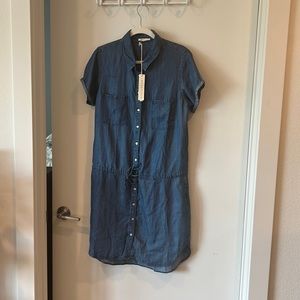 Denim Chambray Button Up Dress with Tie Waist